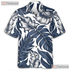 White & Navy Blue Palm Leaf Hawaiian Shirt - Tropical Aloha Tee for Adults