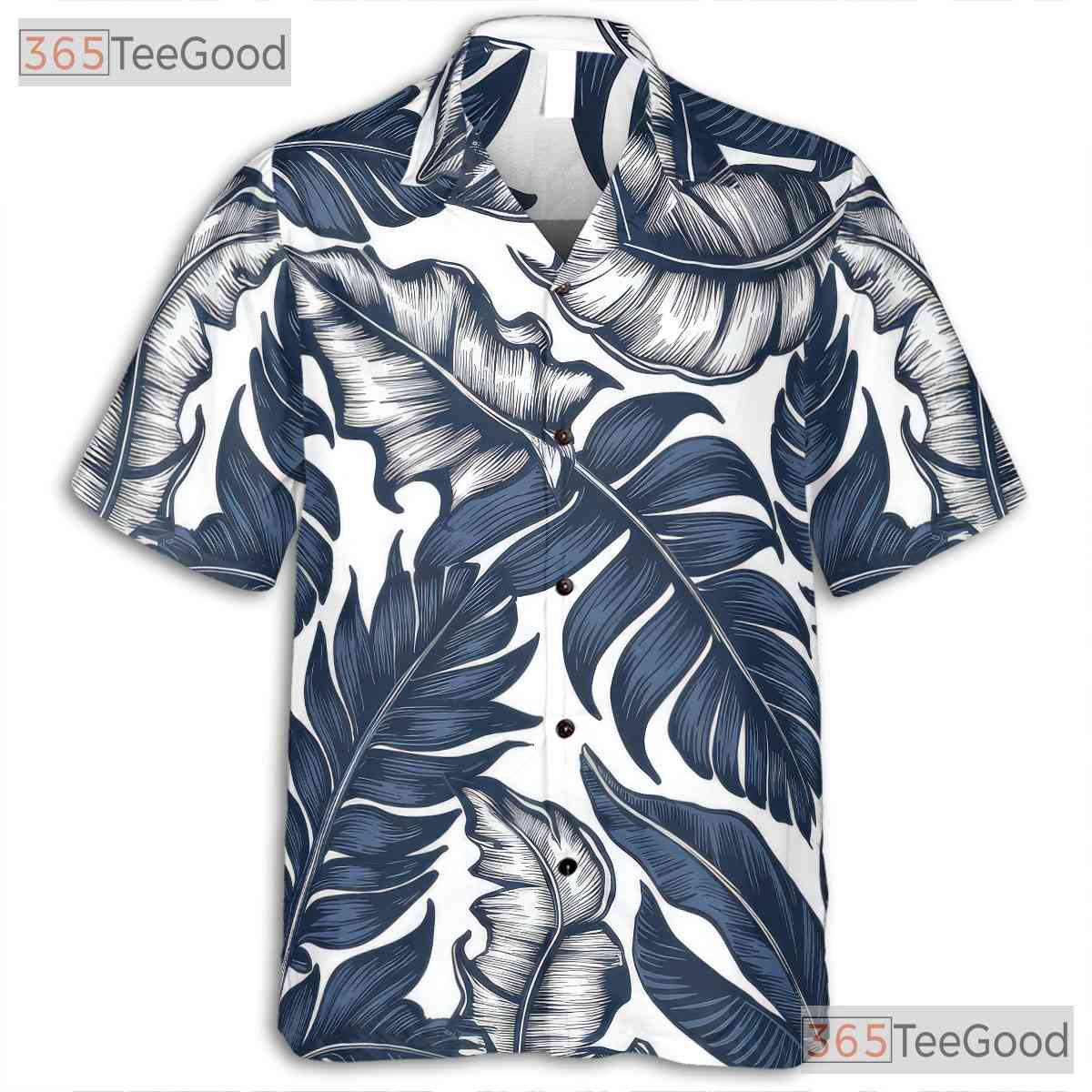 White & Navy Blue Palm Leaf Hawaiian Shirt - Tropical Aloha Tee for Adults