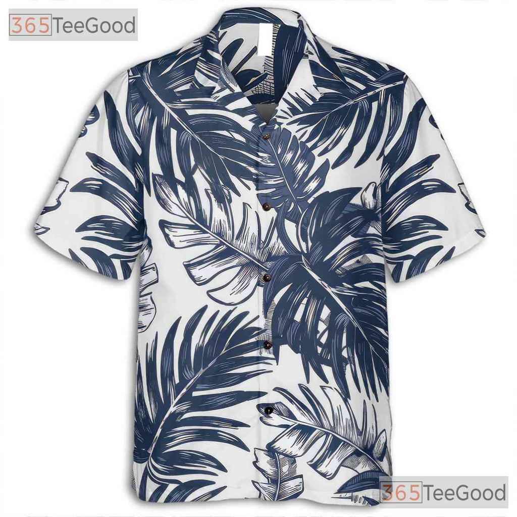 Navy White Palm Leaf Aloha Shirt - Men's Tropical Beachwear Hawaiian Tee