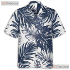 Navy White Palm Leaf Aloha Shirt - Men's Tropical Beachwear Hawaiian Tee