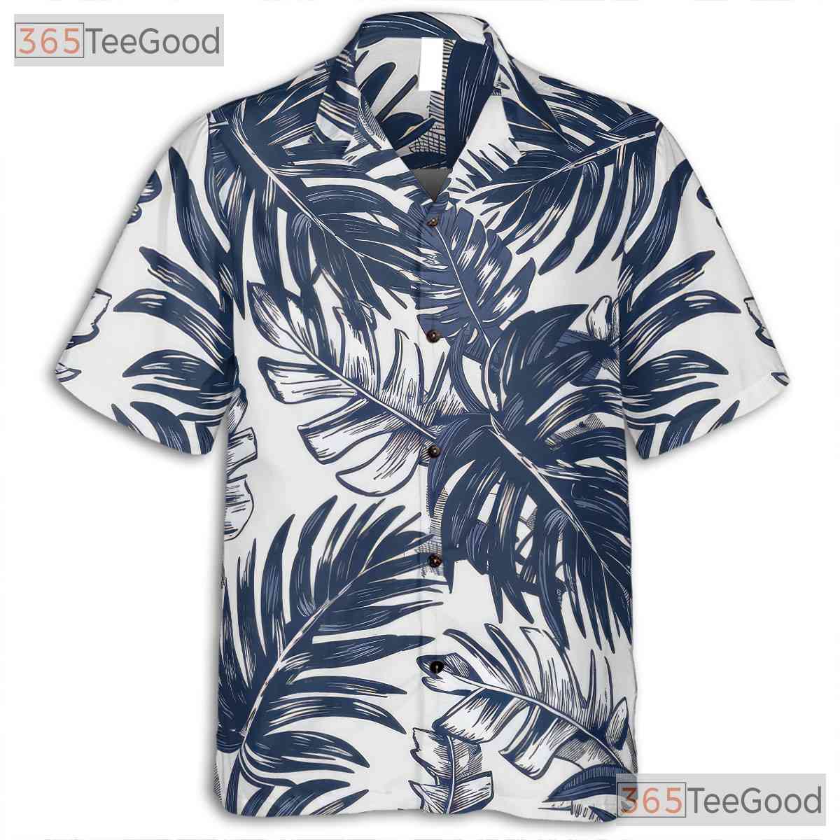 Navy White Palm Leaf Aloha Shirt - Men's Tropical Beachwear Hawaiian Tee