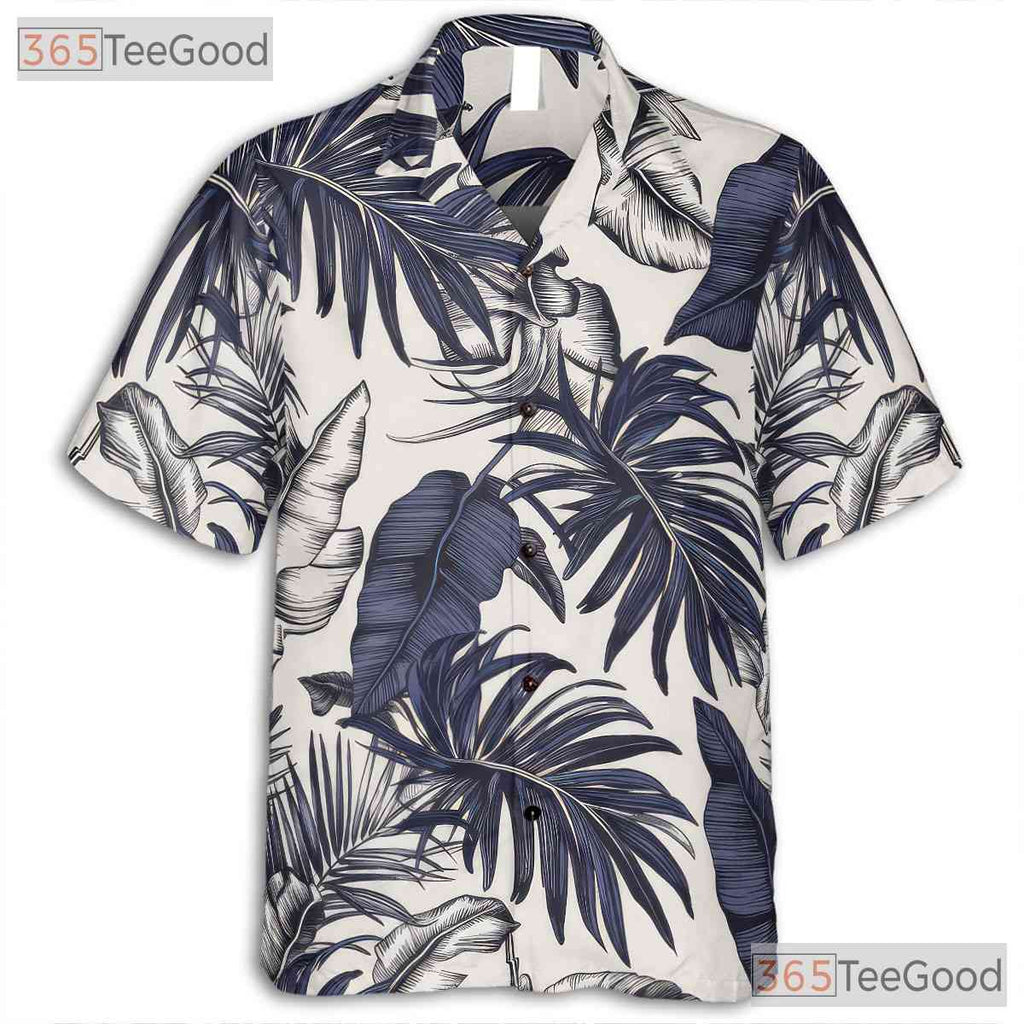 Tropical White & Navy Hawaiian Shirt - Women's Palm Leaf Summer Aloha Tee