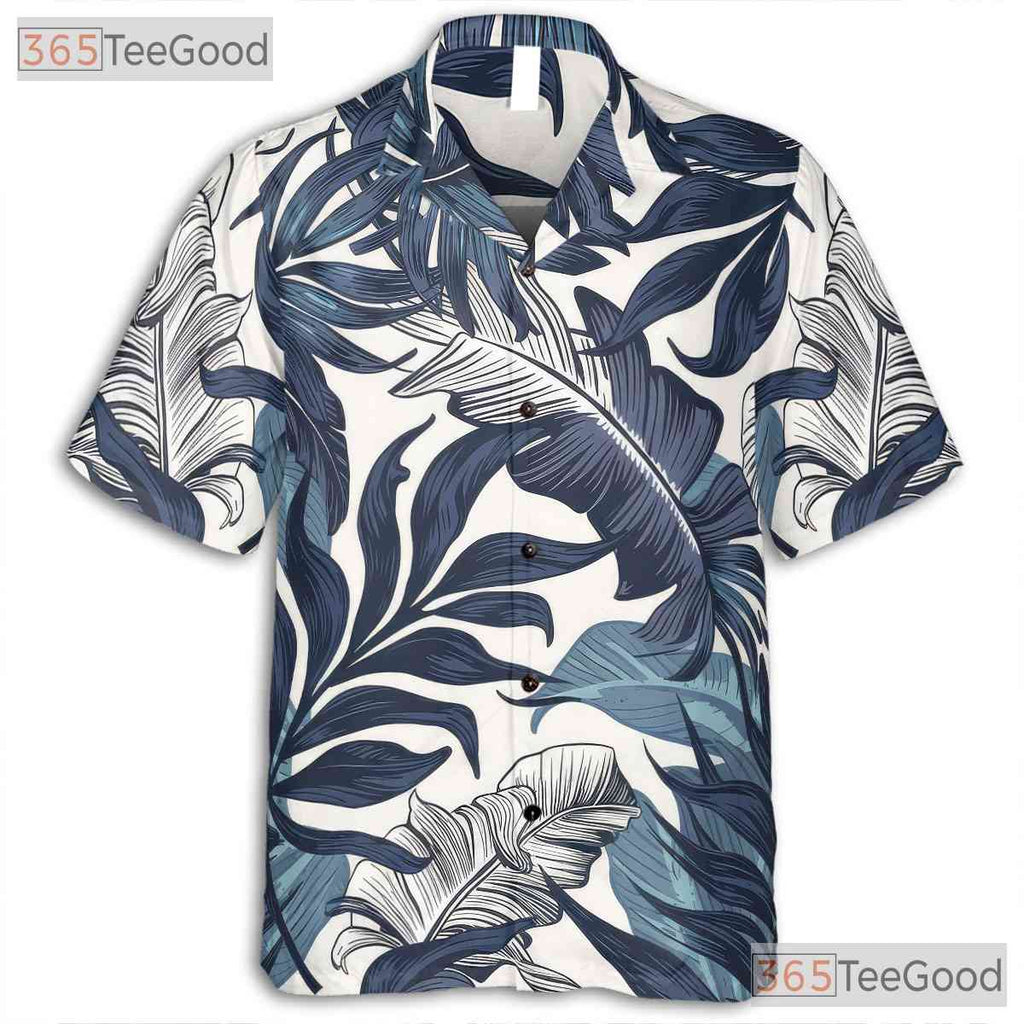 Retro Palm Leaf Hawaiian Shirt - Navy & White Unisex Beach Vacation Tee