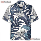 Retro Palm Leaf Hawaiian Shirt - Navy & White Unisex Beach Vacation Tee