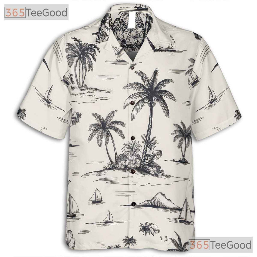 Black & White Palm Tree Hawaiian Shirt - Vintage Island Beach Tee For Men