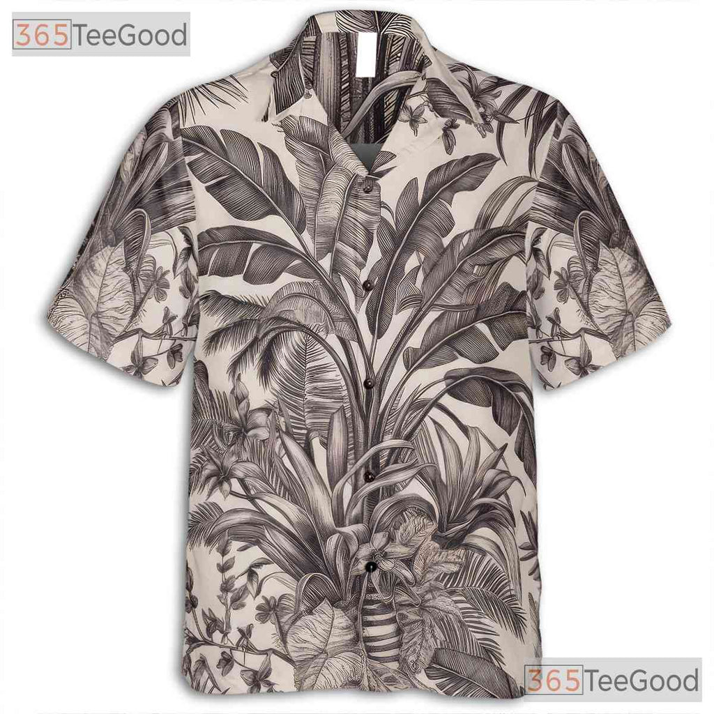 Retro Black & White Tropical Jungle Hawaiian Shirt - Unisex Floral Aloha Tee