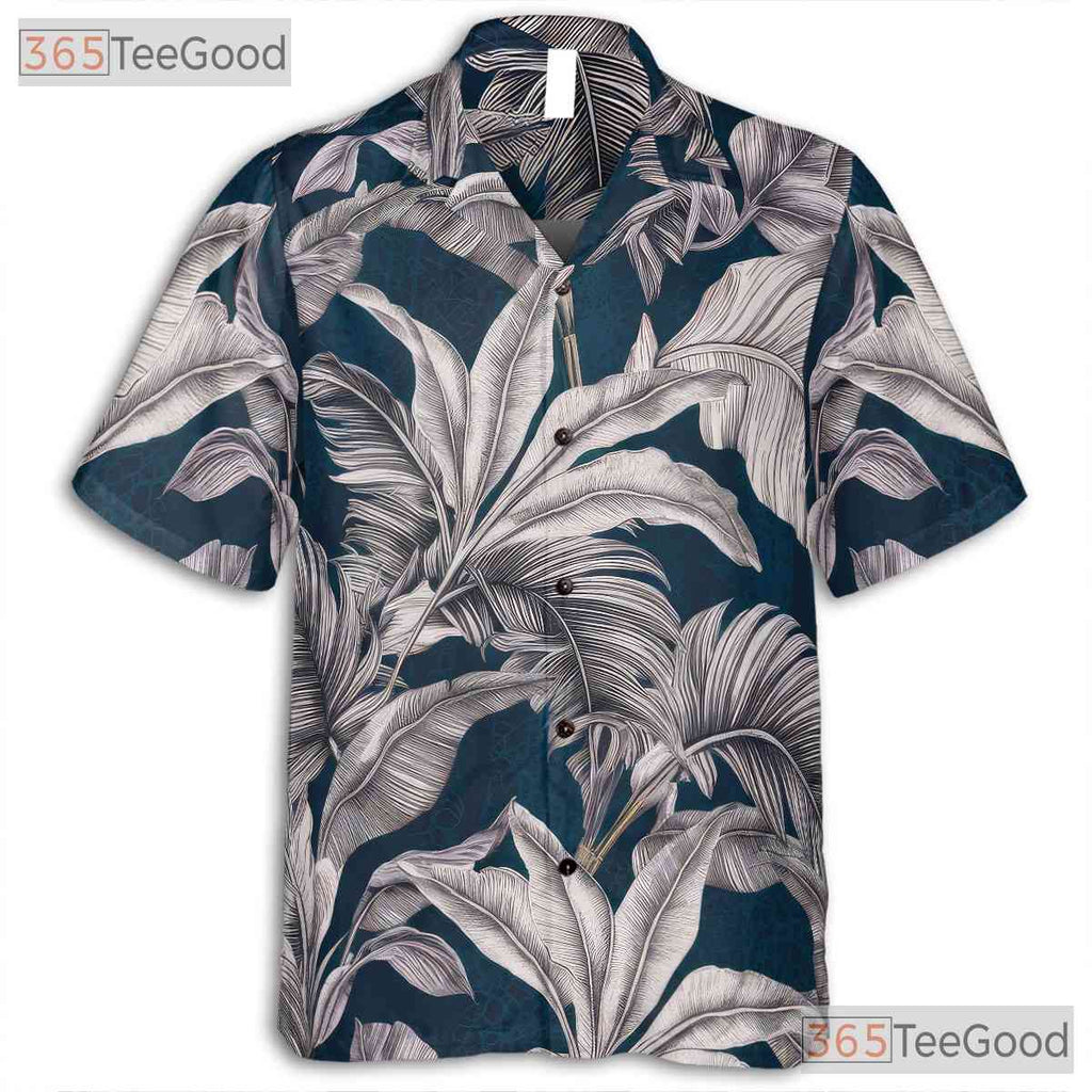 Retro Navy & White Palm Leaf Aloha Shirt - Unisex Tropical Hawaiian Tee