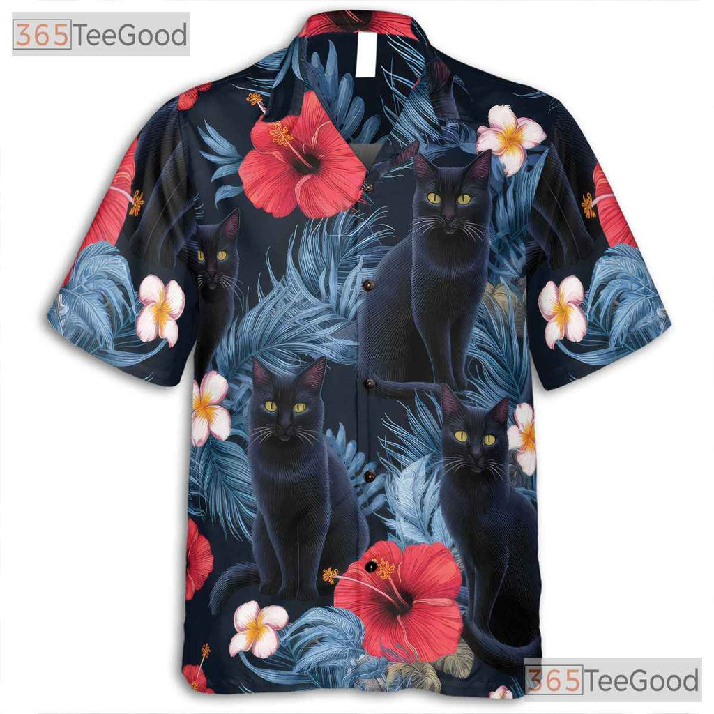Unisex Black Cat Hawaiian Tee - Tropical Jungle Floral Shirt
