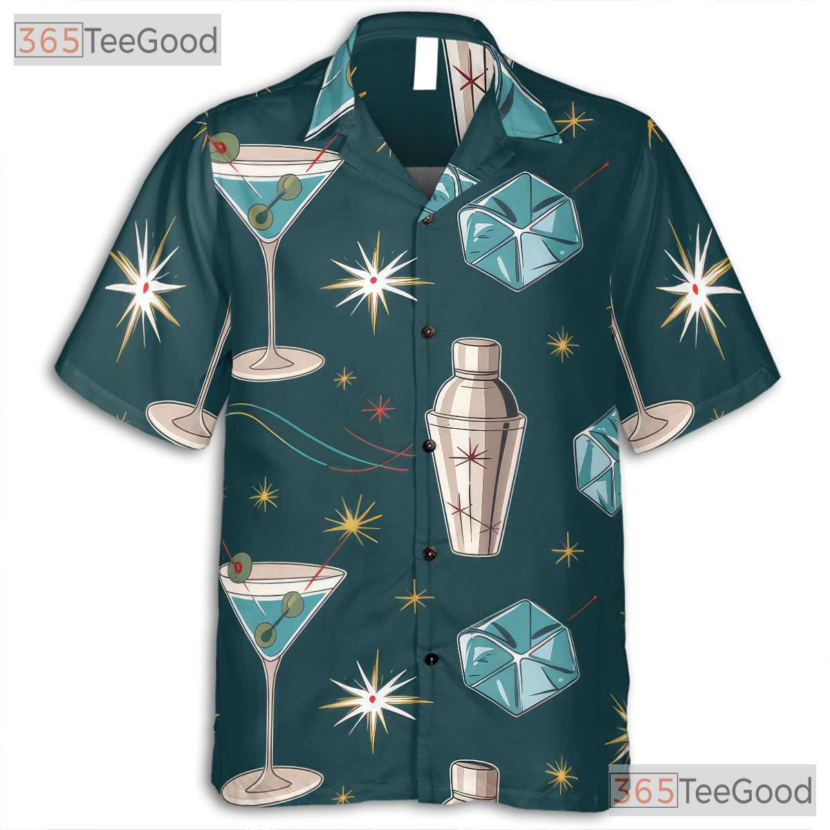 Mid-Century Martini Bar Hawaiian Tee - Retro Cocktail Shirt Men