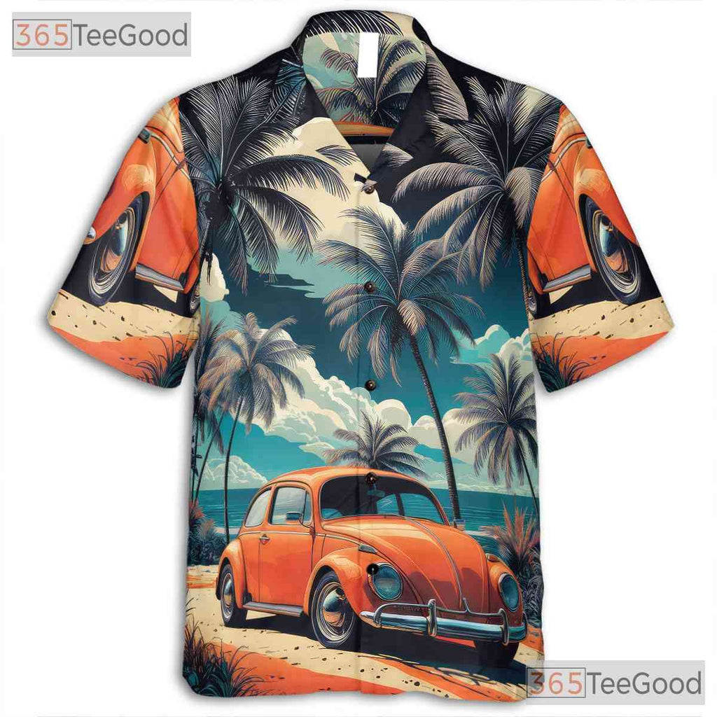Vintage Beach Car Hawaiian Tee - Unisex Tropical Sunset Shirt