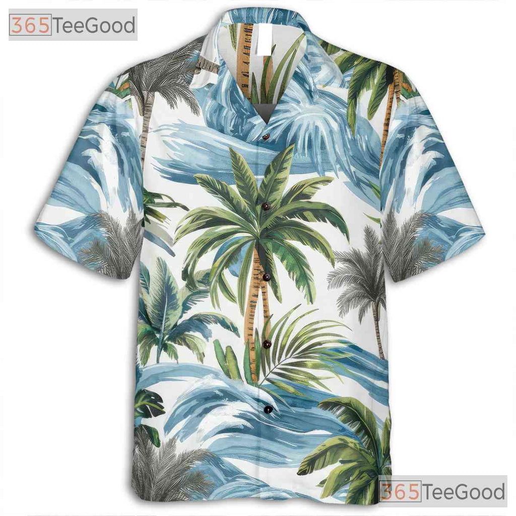 Vintage Palm Leaf & Waves Hawaiian Shirt - Adult Aloha Beach Vacation Tee