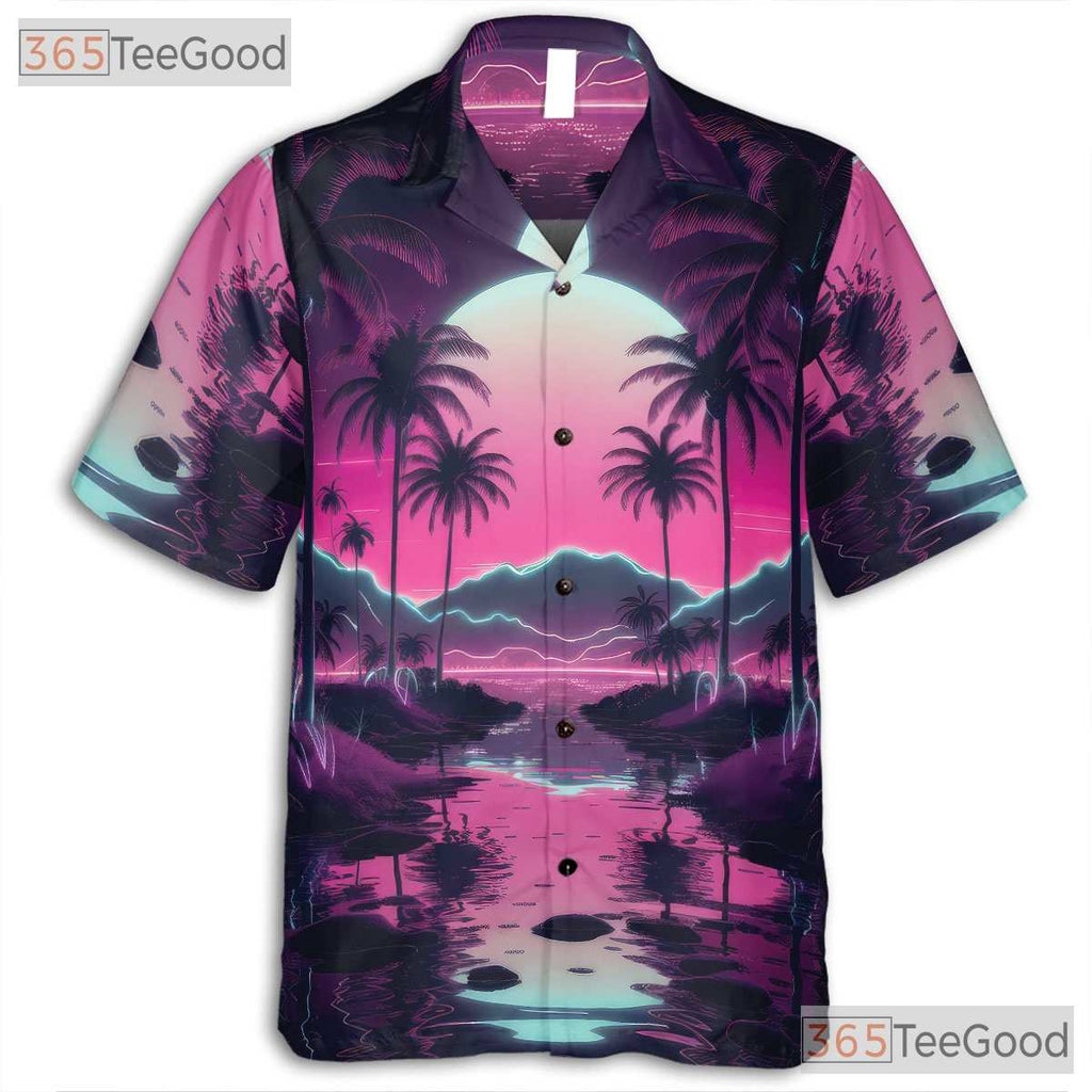 Retro Vaporwave Hawaiian Shirt for Men - Neon Sunset Palm Tree Aesthetic