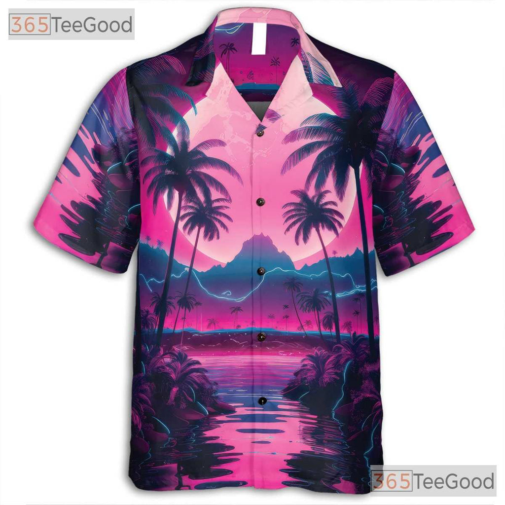 Neon Palm Tree Hawaiian Tee for Women - Retro Sunset Aesthetic Beach Style