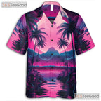 Neon Palm Tree Hawaiian Tee for Women - Retro Sunset Aesthetic Beach Style