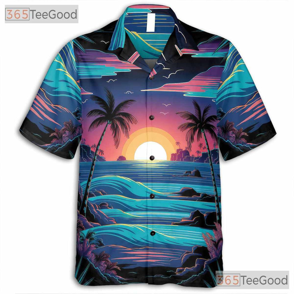 Palm Tree Sunset Beach Hawaiian Shirt - Retro Ocean Aloha Vibes Unisex Tee