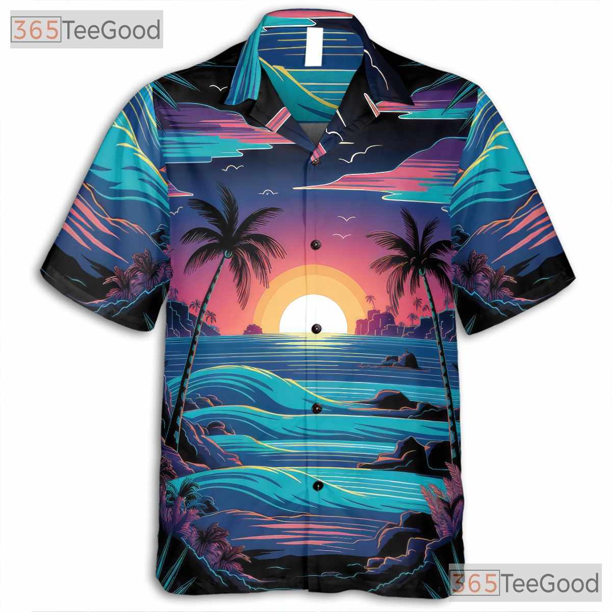 Palm Tree Sunset Beach Hawaiian Shirt - Retro Ocean Aloha Vibes Unisex Tee