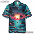 Sunset Beach Aesthetic Hawaiian Tee - Adult Tropical Palm Vacation Shirt