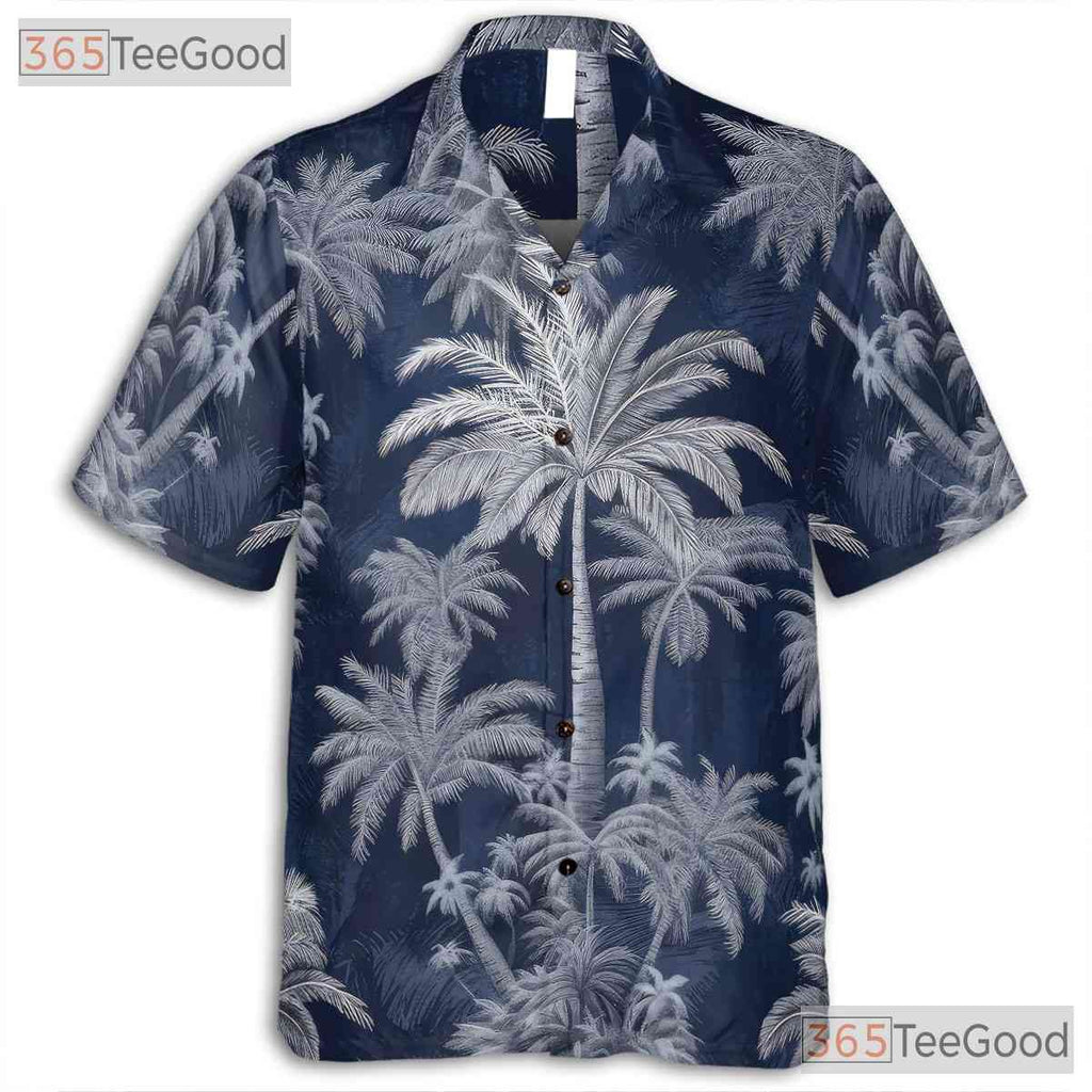 Navy Blue Palm Tree Hawaiian Shirt for Men - Aloha Beach Vacation Tee