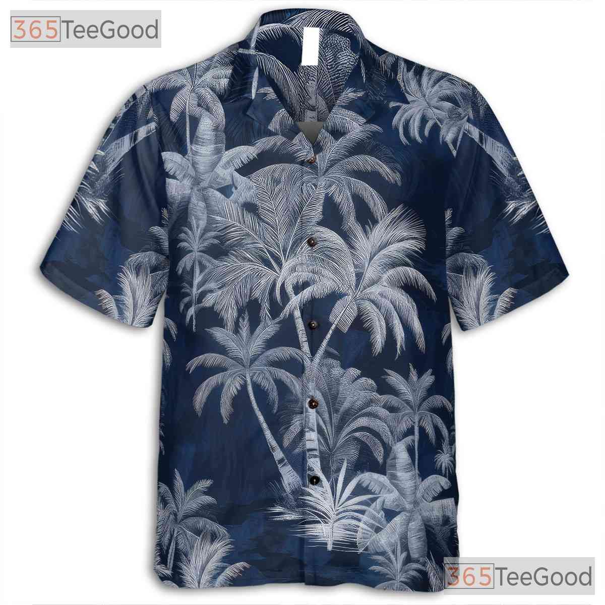 Navy Blue Tropical Island Hawaiian Tee - Unisex Palm Tree Summer Shirt
