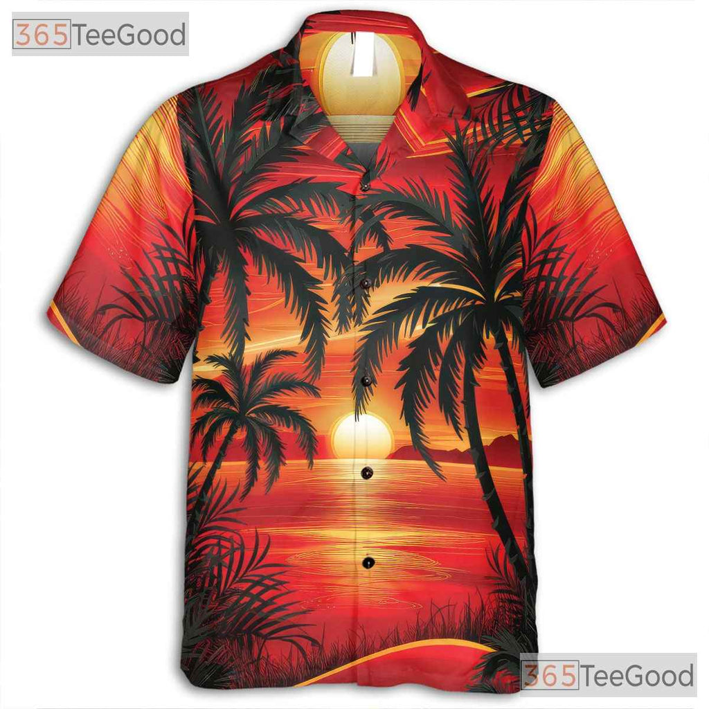 Tropical Sunset Palm Hawaiian Shirt for Men - Beach Vacation Aloha Tee