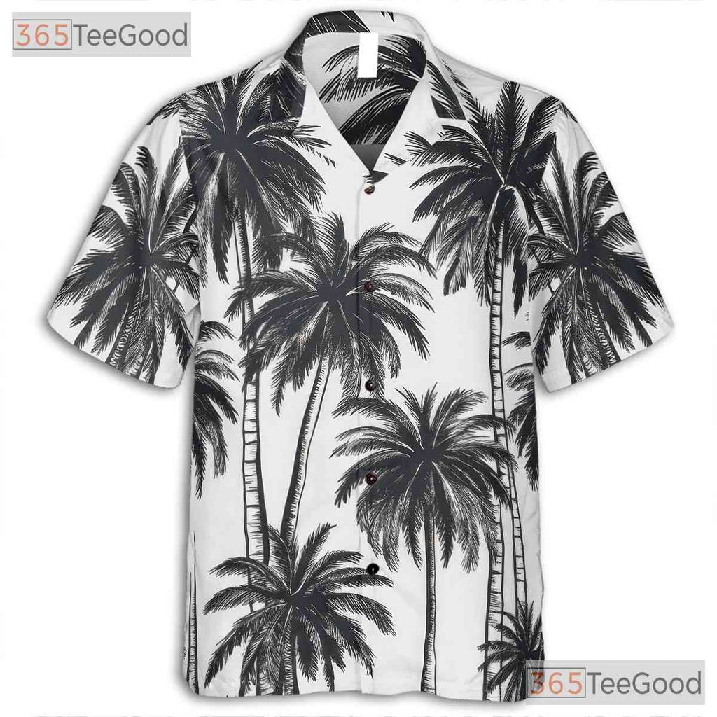 Adult Black & White Palm Tree Hawaiian Tee - Unisex Aloha Beachwear Shirt