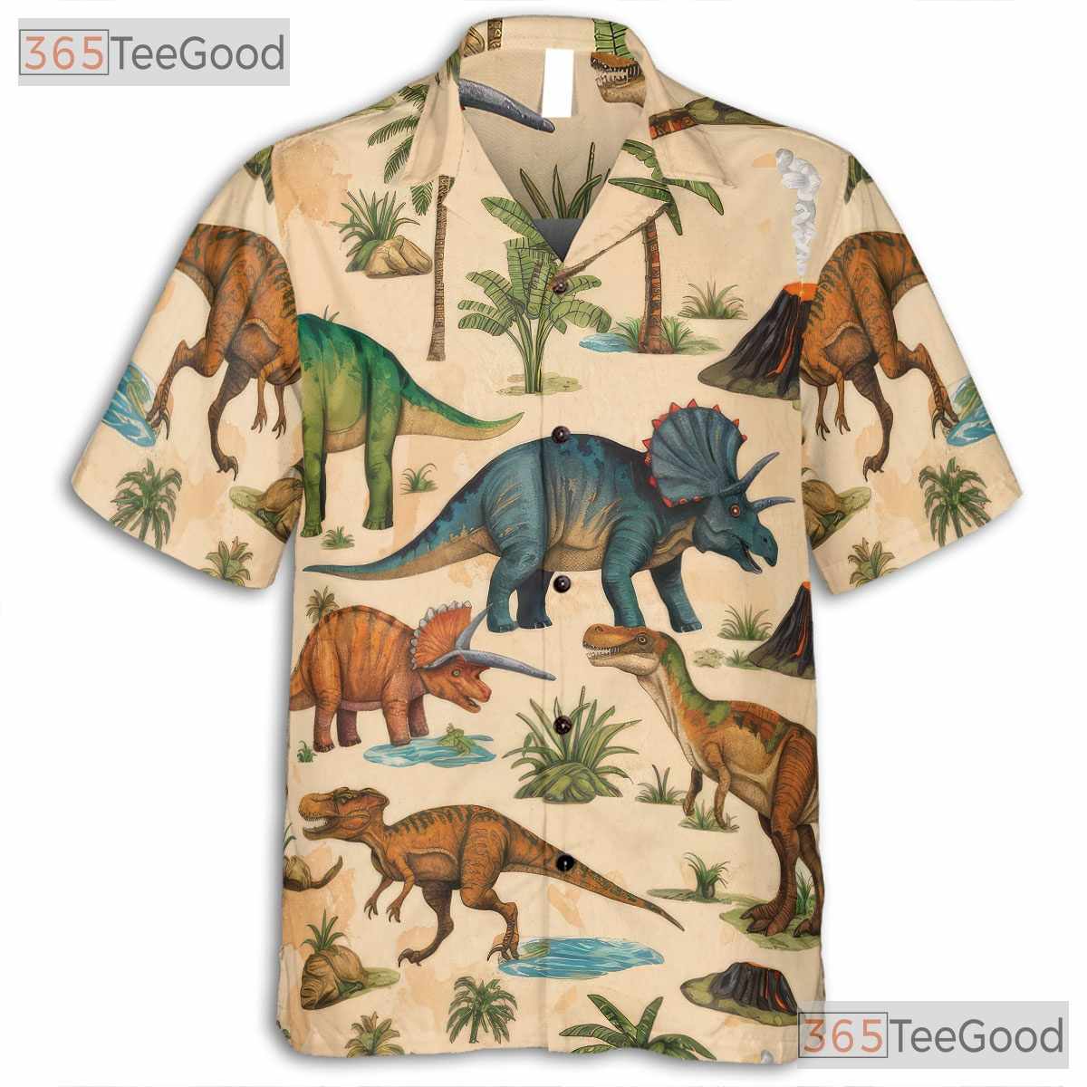 Adult Prehistoric Dinosaur Hawaiian Tee - Unisex Camp Aloha Style Shirt