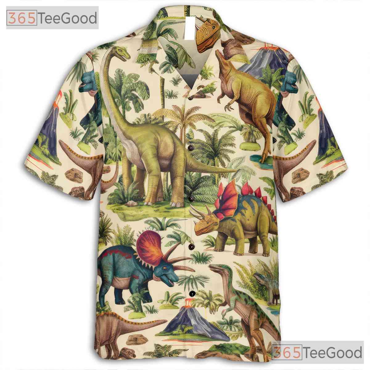 Women's Retro Dinosaur Print Hawaiian Shirt - Prehistoric Beach Party Tee