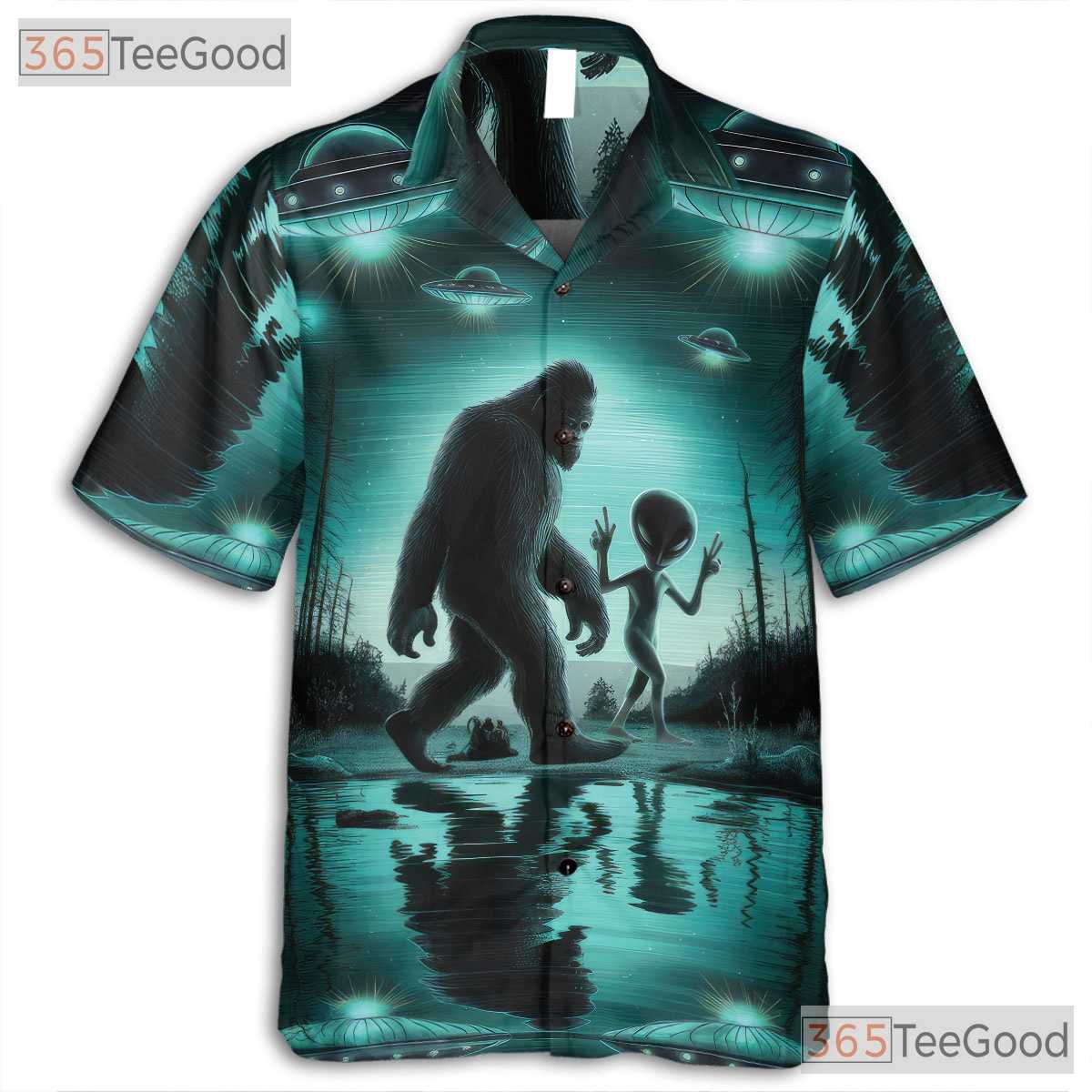 Bigfoot UFO Alien Hawaiian Shirt for Men - Retro Sci-Fi Cryptid Beachwear Tee