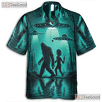 Unisex Alien Bigfoot Hawaiian Tee - UFO Cryptid Camp Aesthetic Beach Shirt