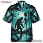 Women's Funny Bigfoot UFO Hawaiian Shirt - Retro Sci-Fi Aloha Vacation Tee