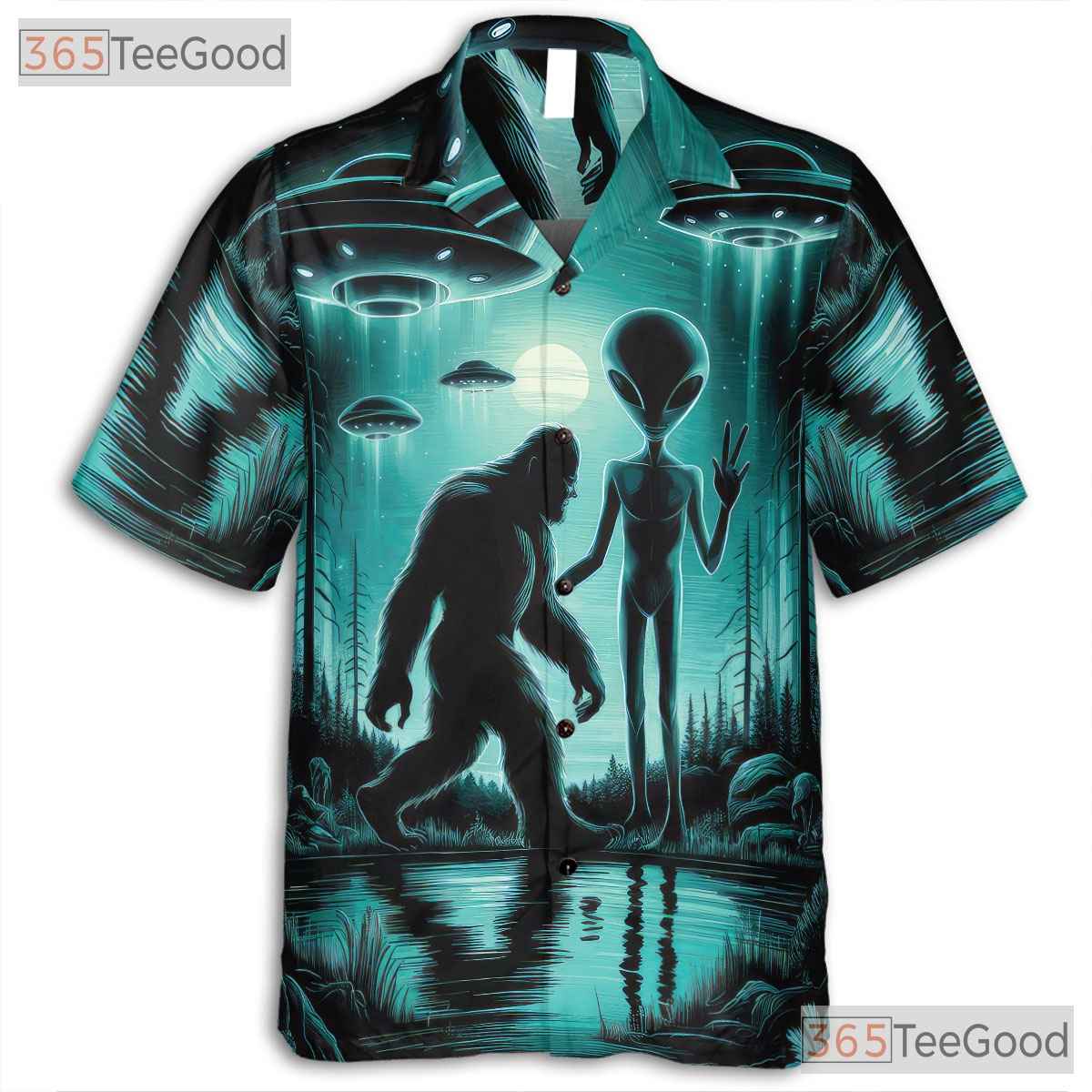 Women's Funny Bigfoot UFO Hawaiian Shirt - Retro Sci-Fi Aloha Vacation Tee