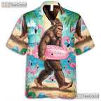 Adult Bigfoot Flamingo Hawaiian Tee - Funny Sasquatch Beach Party Aloha Shirt