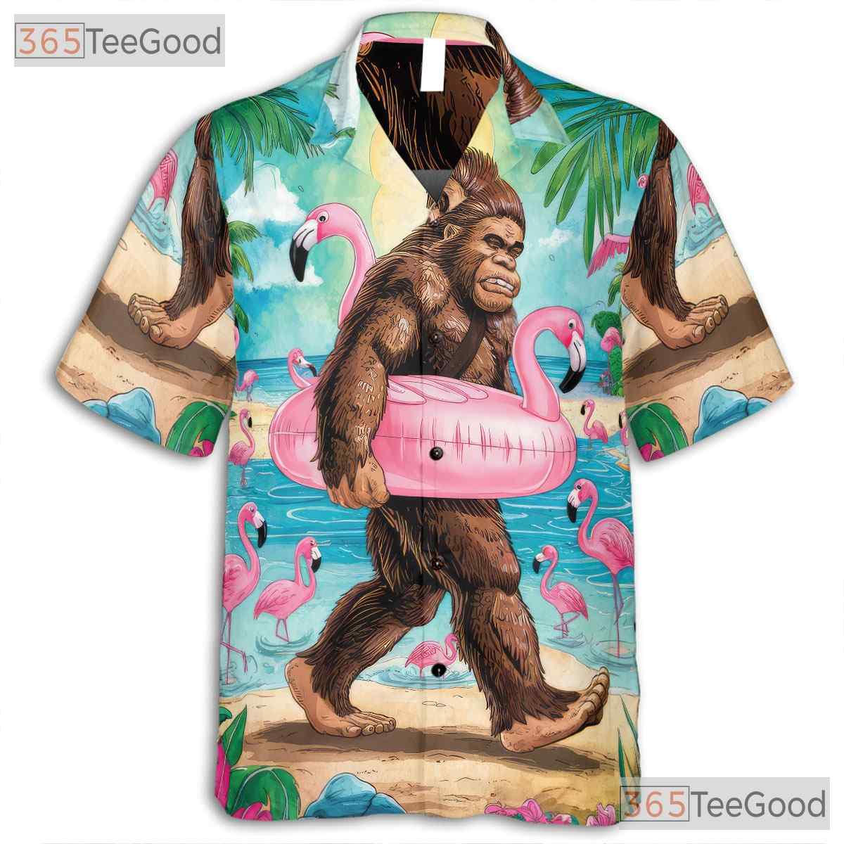 Adult Bigfoot Flamingo Hawaiian Tee - Funny Sasquatch Beach Party Aloha Shirt