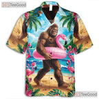 Bigfoot on Flamingo Float Hawaiian Shirt - Men's Tropical Aloha Summer Tee