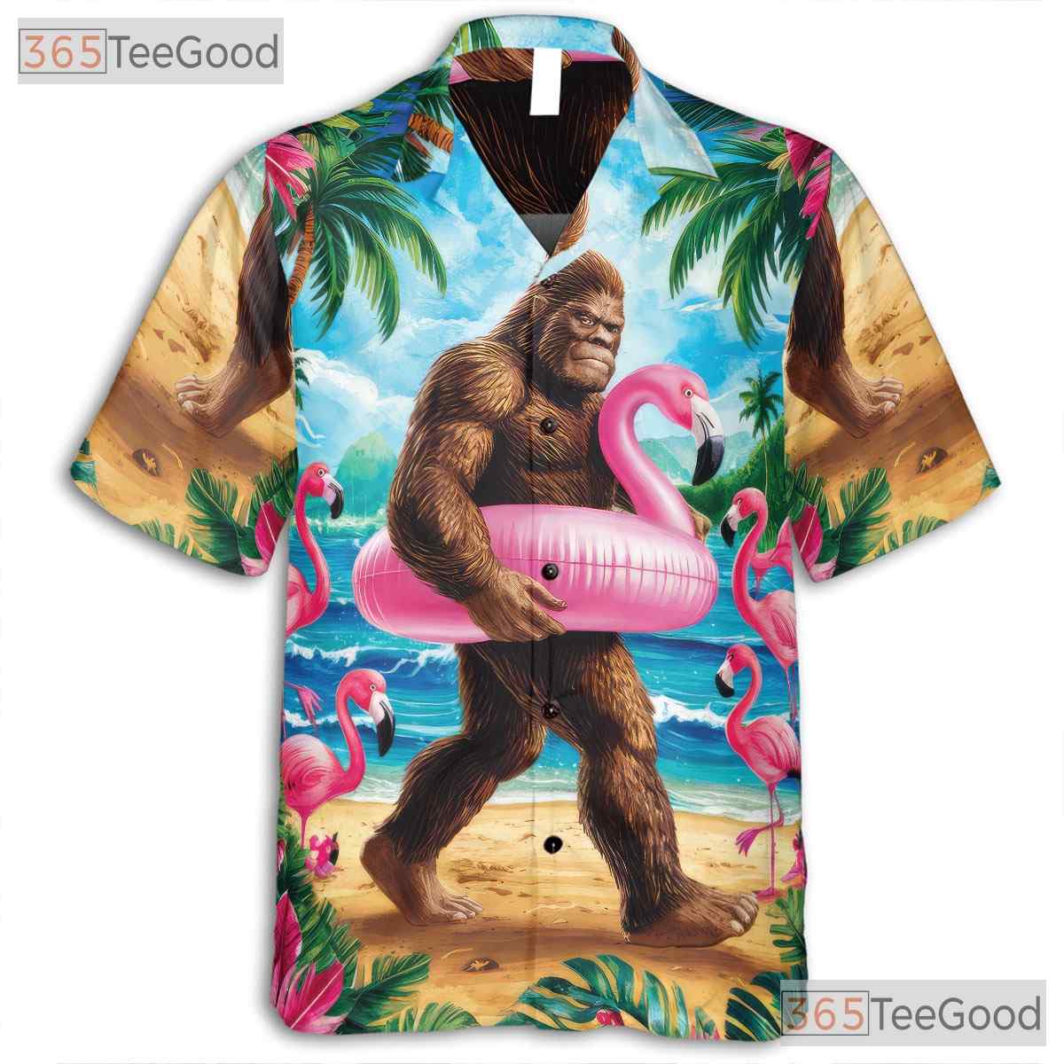Bigfoot on Flamingo Float Hawaiian Shirt - Men's Tropical Aloha Summer Tee