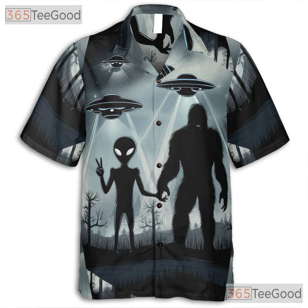 Funny Bigfoot Alien UFO Hawaiian Shirt - Unisex Cryptid Space Aloha Tee