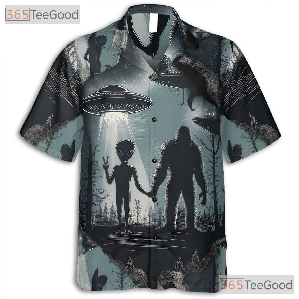 Alien Sasquatch UFO Hawaiian Tee - Adult Cryptid Retro Aloha Camp Shirt