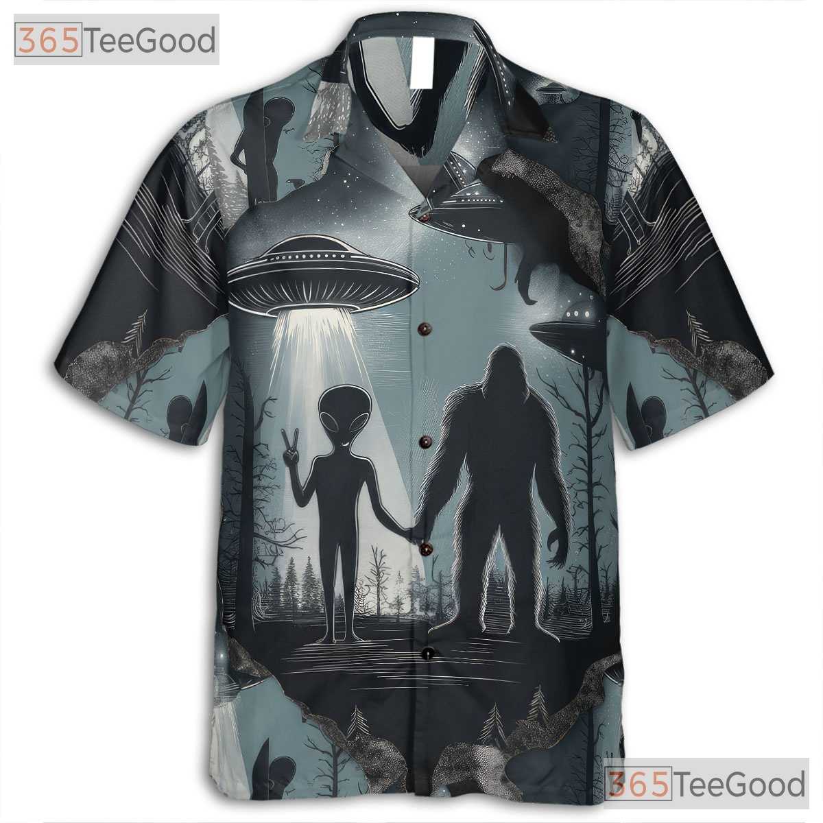 Alien Sasquatch UFO Hawaiian Tee - Adult Cryptid Retro Aloha Camp Shirt