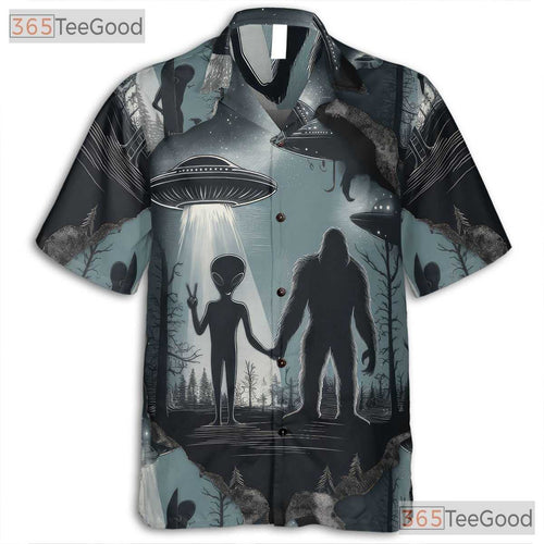 Alien Sasquatch UFO Hawaiian Tee - Adult Cryptid Retro Aloha Camp Shirt