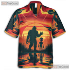 Bigfoot UFO Sunset Hawaiian Tee - Women's Funny Cryptid Aloha Vacation