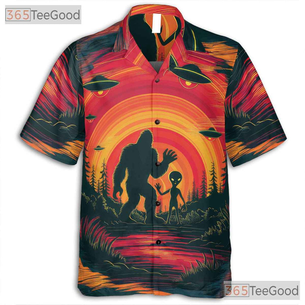 Alien Sasquatch Sunset Hawaiian Shirt - Unisex UFO Cryptid Beach Style