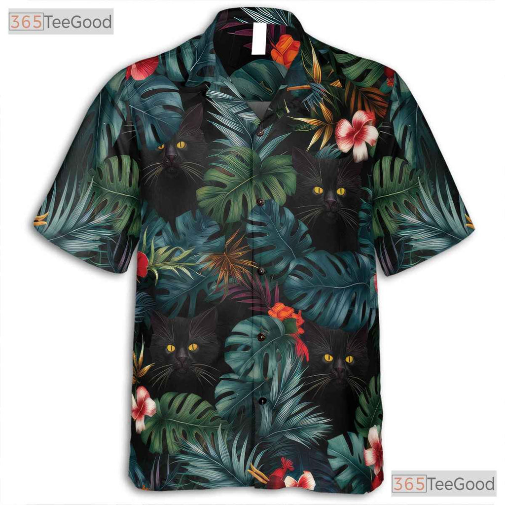 Blue Leaves Black Cat Hawaiian Tee - Tropical Jungle Aesthetic Unisex