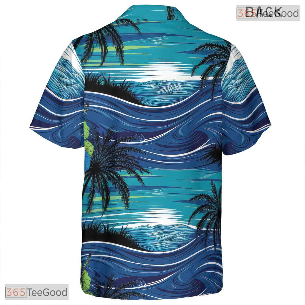 Tropical Palm Leaf Hawaiian Shirt - Black Blue Summer Beachwear