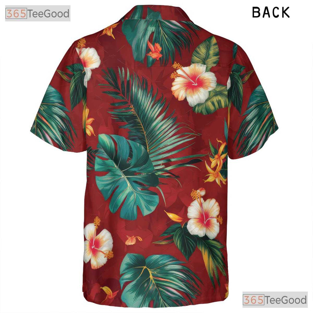 Red Flower Palm Hawaiian Shirt - Unisex Casual Vacation Tee