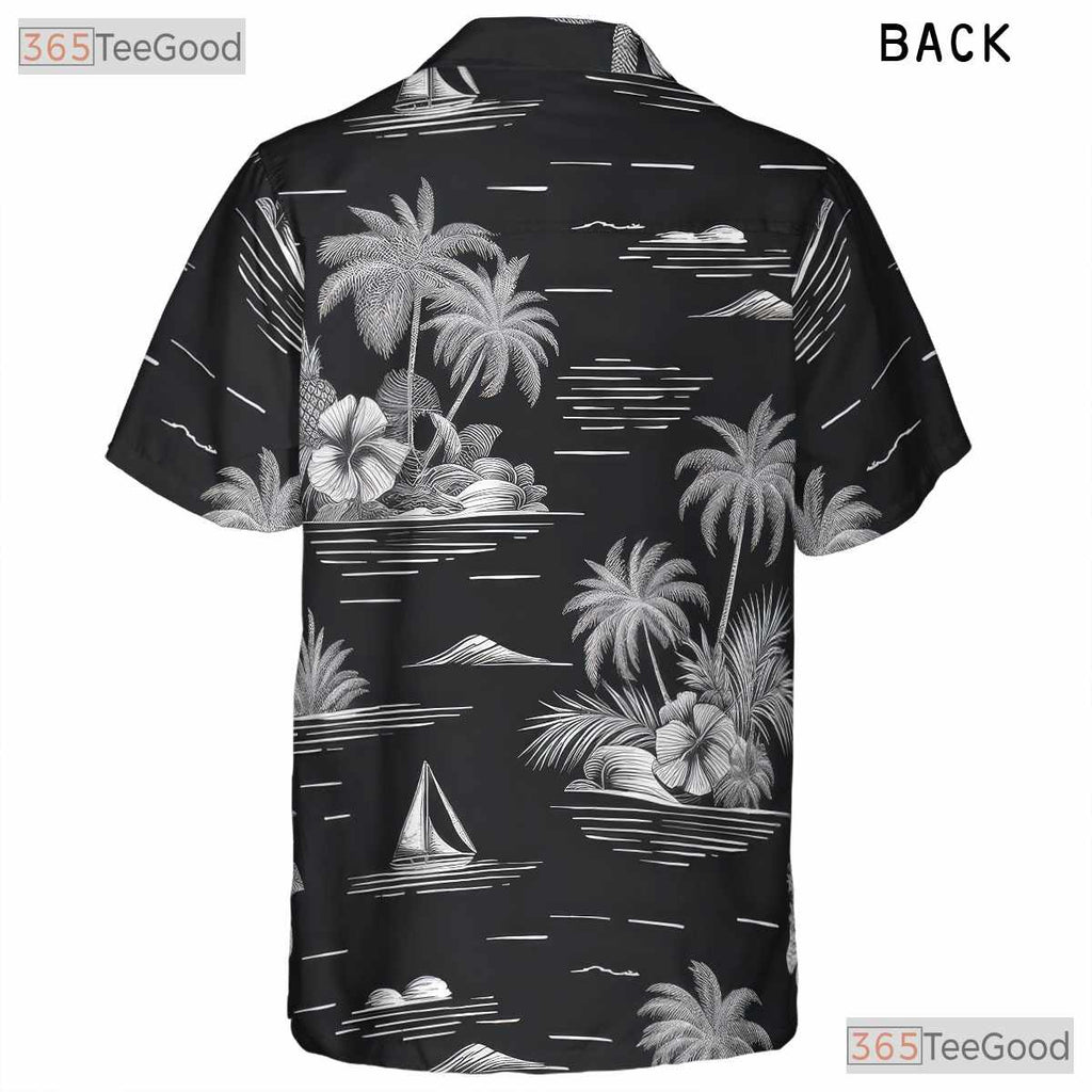 Black & White Tropical Hawaiian Shirt - Vintage Adult Aloha Tee