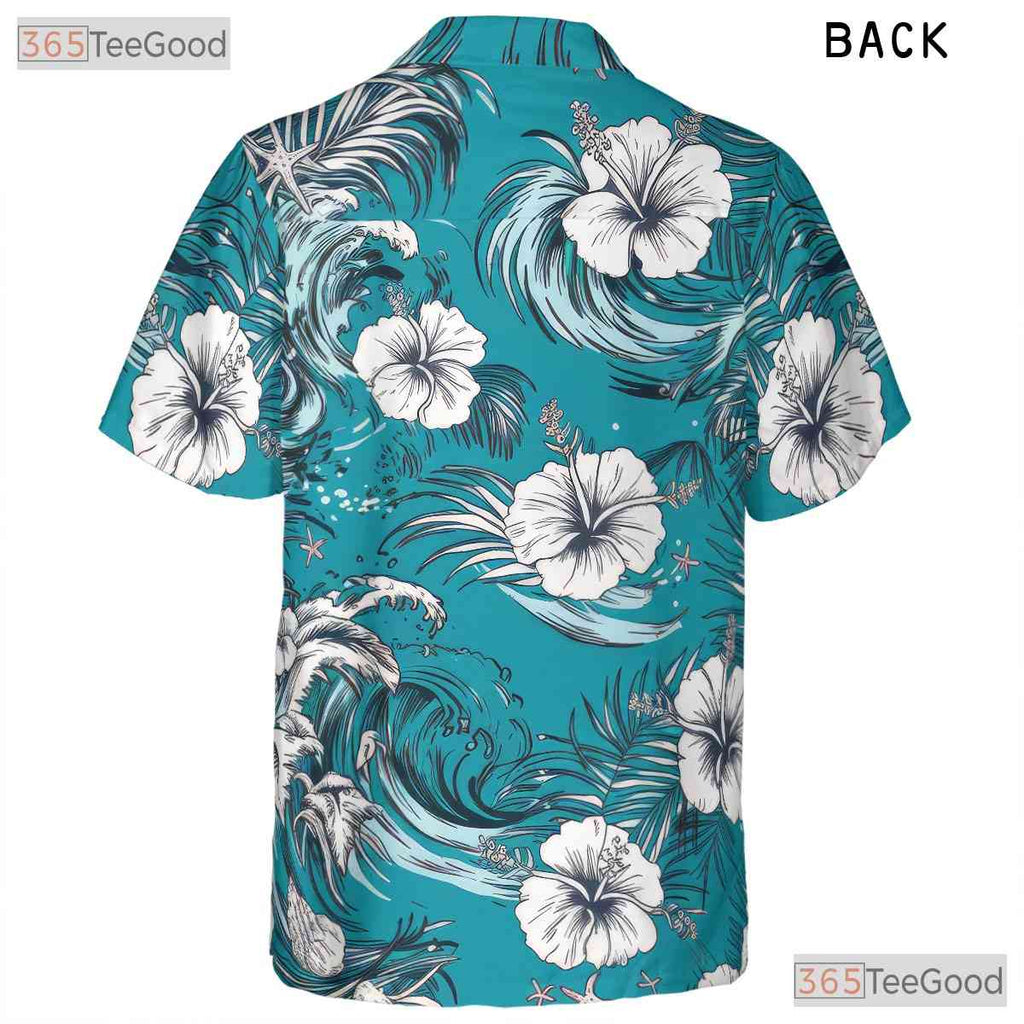 Hibiscus Leaf Print Hawaiian Shirt - Unisex Turquoise Aloha Tee