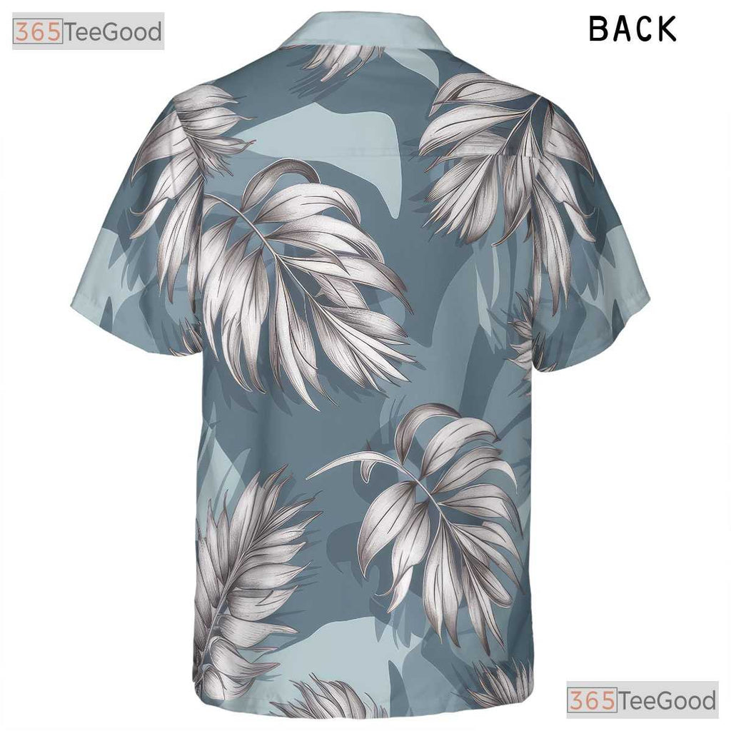 Blue Palm Leaf Print Hawaiian Shirt - Women's Tropical Vacation Tee