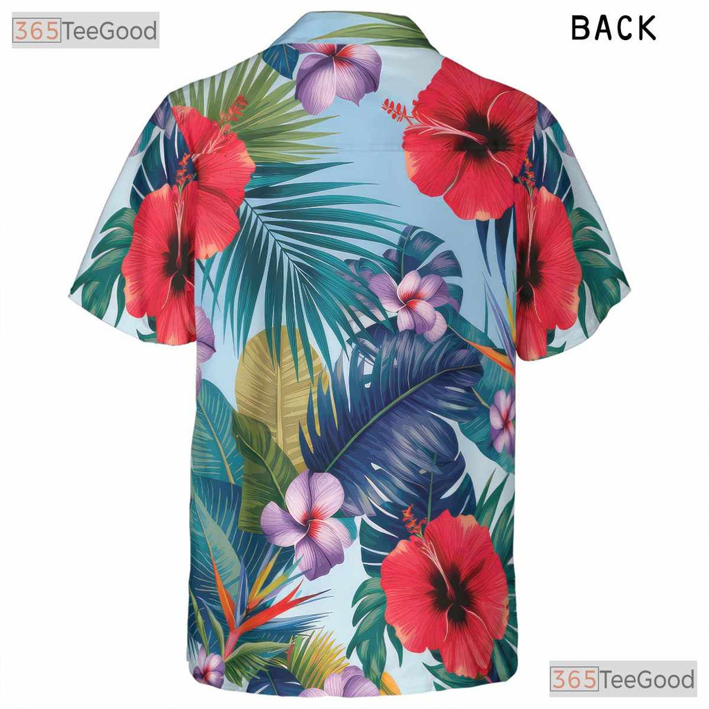 Red Hibiscus Blue Palm Hawaiian Shirt - Adult Tropical Beachwear