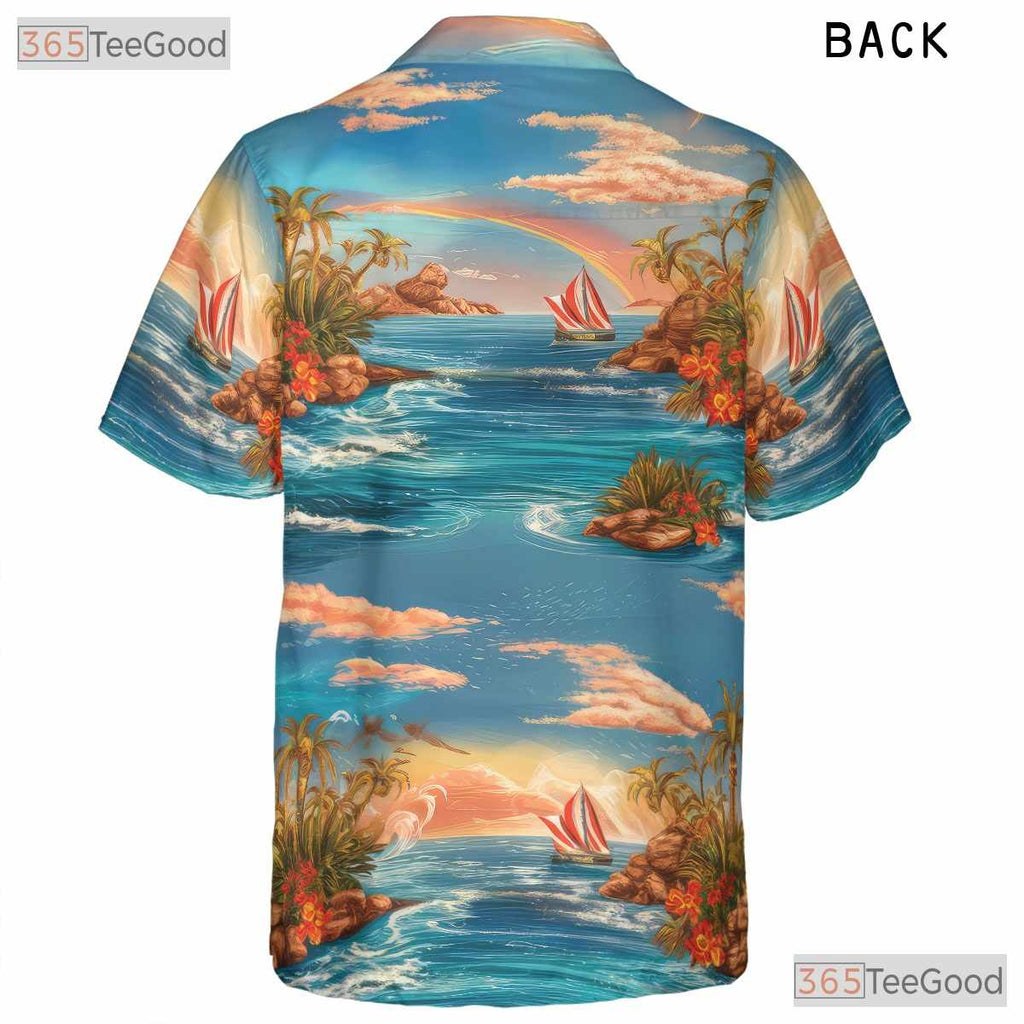 Blue Ocean Paradise Hawaiian Tee - Palm Trees Sunset Vacation Women