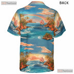 Blue Ocean Paradise Hawaiian Tee - Palm Trees Sunset Vacation Women